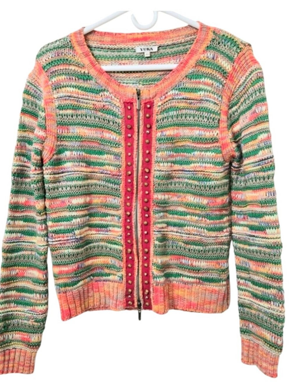 Vintage Yuka Boho Multicolor Open Knit Stud Embellished Zip Cardigan T2 6-8 US M